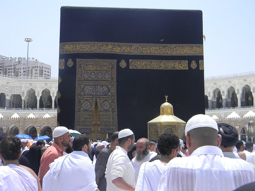 Muslim pilgrims praying near the Kaaba in Mecca
