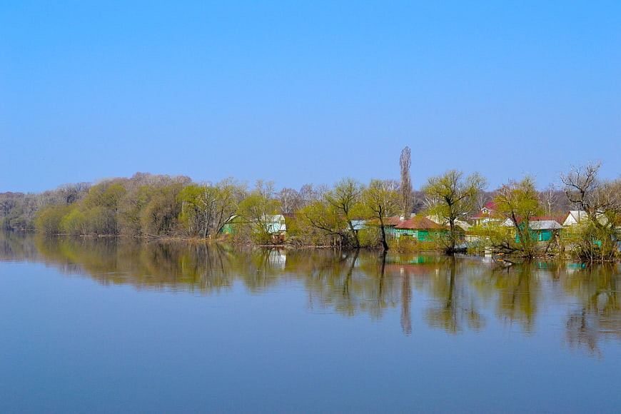 Serene River Landscape with Reflections and Spring Trees