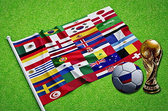 FIFA World Cup Trophy and Soccer Ball with International Flags