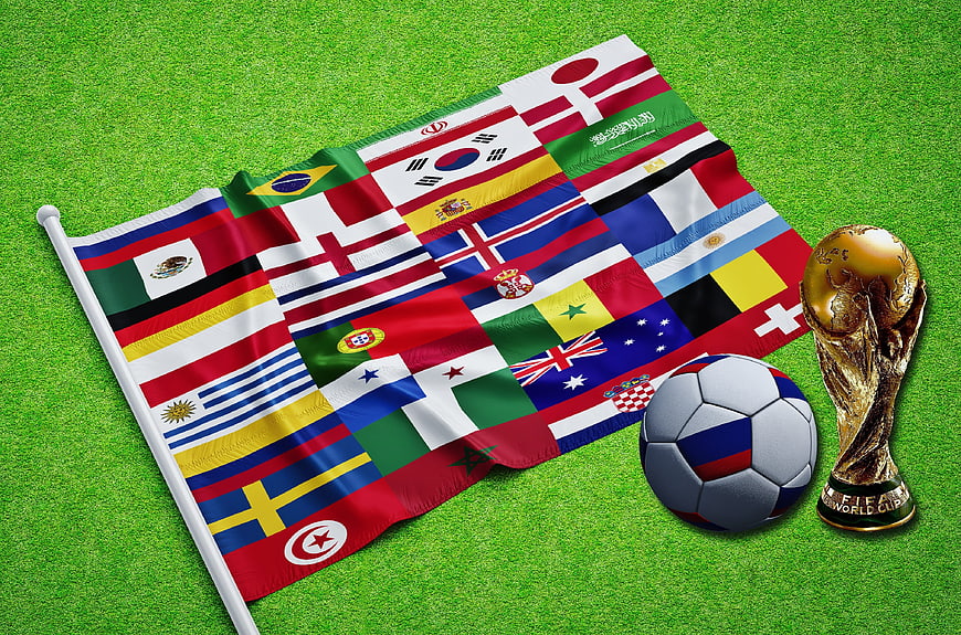 FIFA World Cup Trophy and Soccer Ball with International Flags
