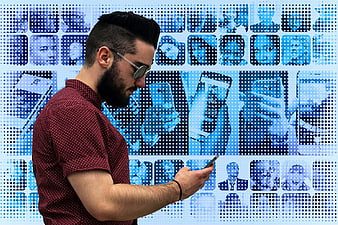 Man with smartphone in front of digital social media collage