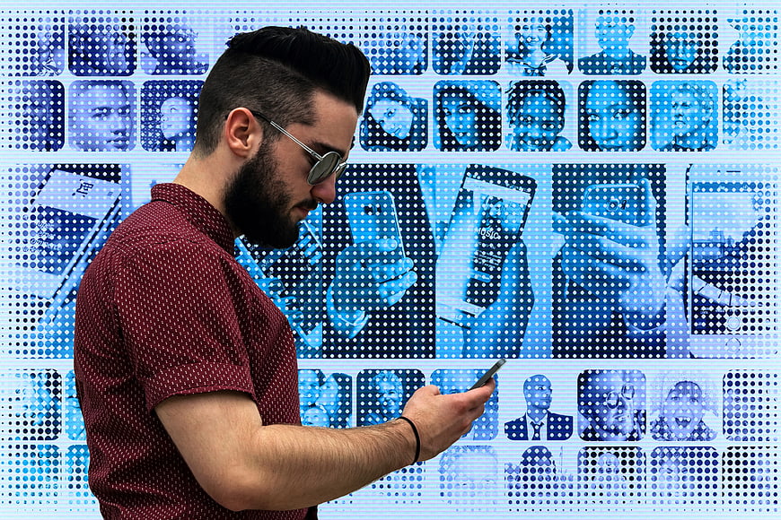 Man with smartphone in front of digital social media collage