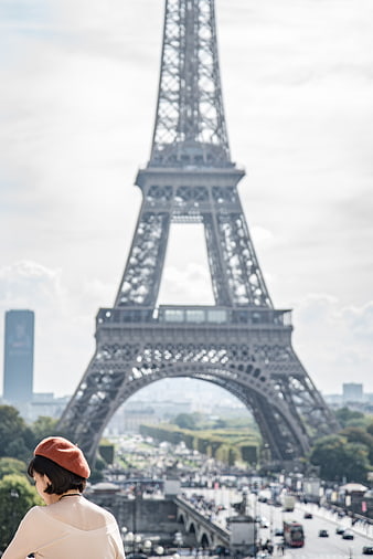 Woman in Beret Viewing Eiffel Tower Paris