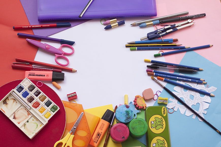 Colorful School Supplies Flat Lay with Copyspace
