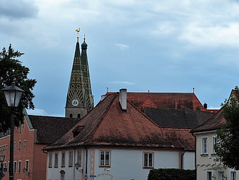 European Town Square with Church Spires and Red Roofs