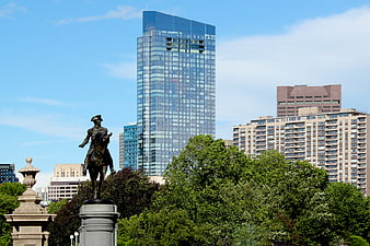Boston Skyline with Historic Equestrian Statue and Park