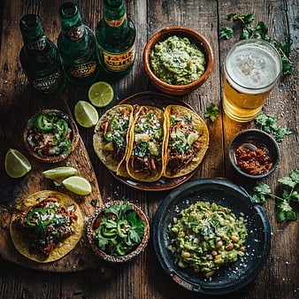 Rustic Tacos with Guacamole and Beer on Wooden Table