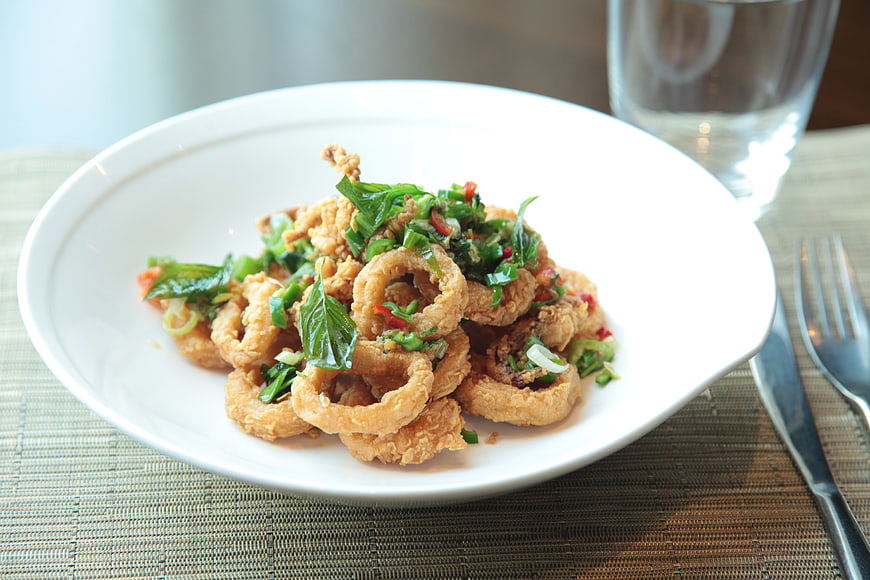 Fried Calamari Squid Rings with Basil Garnish