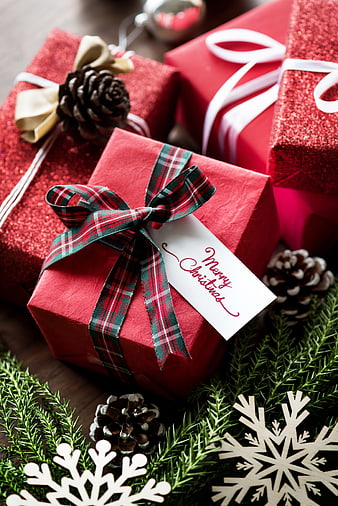 Festive Christmas Gift Boxes With Plaid Ribbon And Pinecones