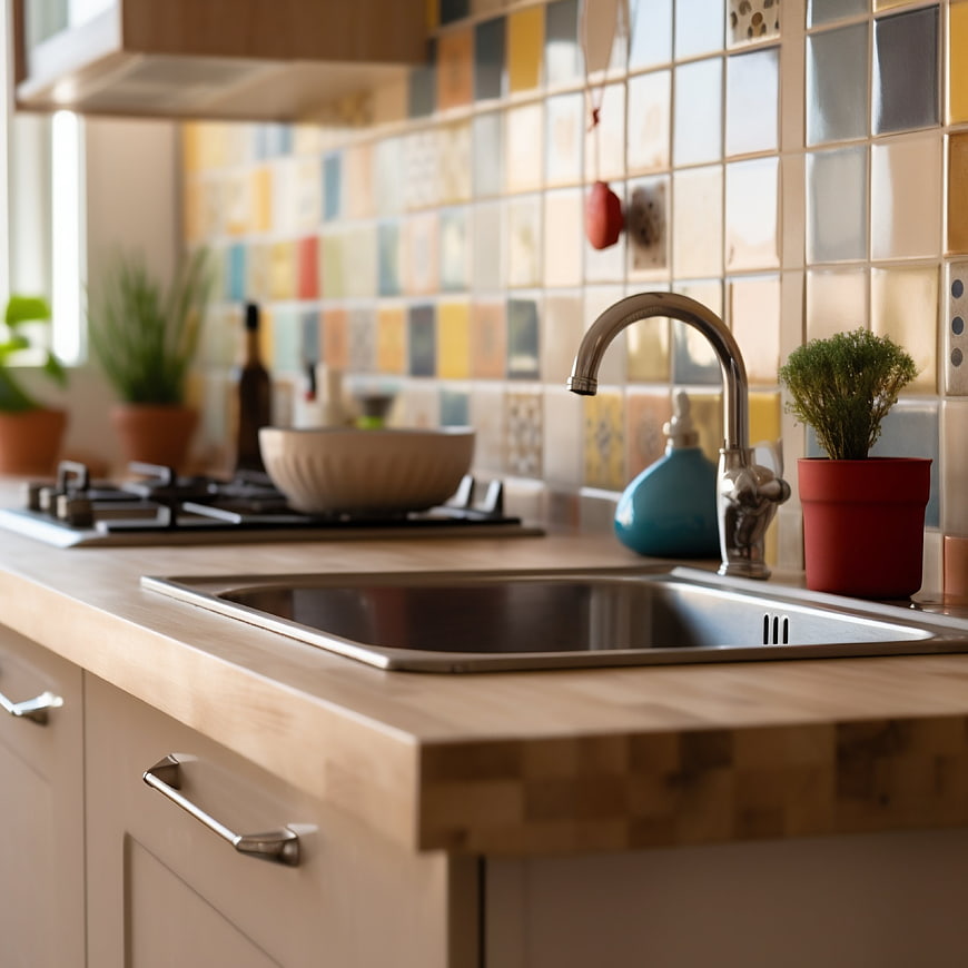 Modern kitchen sink with wooden countertop and colorful tiles