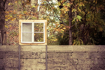 White window frame mounted on concrete wall with autumn trees