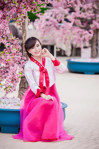 Woman in Pink Hanbok Sitting Under Cherry Blossoms