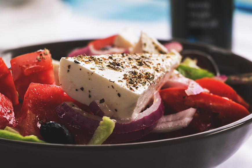 Close-up of Greek Salad with Feta Cheese, Tomatoes, and Red Onions