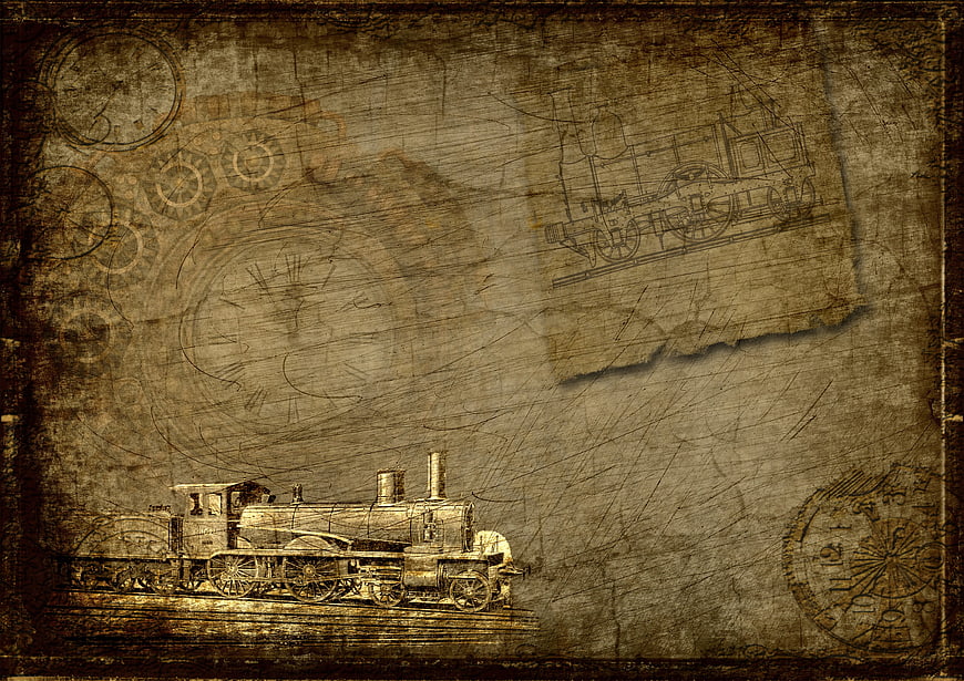 Vintage Steampunk Train and Clock Background