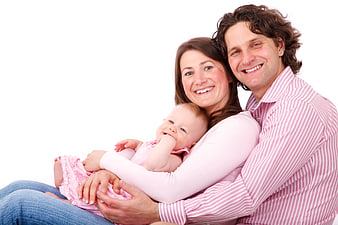 Happy family portrait with mother, father, and baby on white background