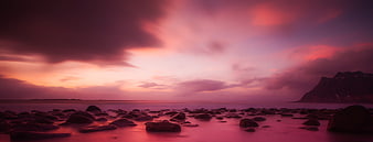 Panoramic Pink Sunset Over Rocky Shoreline and Calm Sea