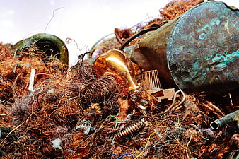 Close-up of scrap copper wire and industrial metal recycling