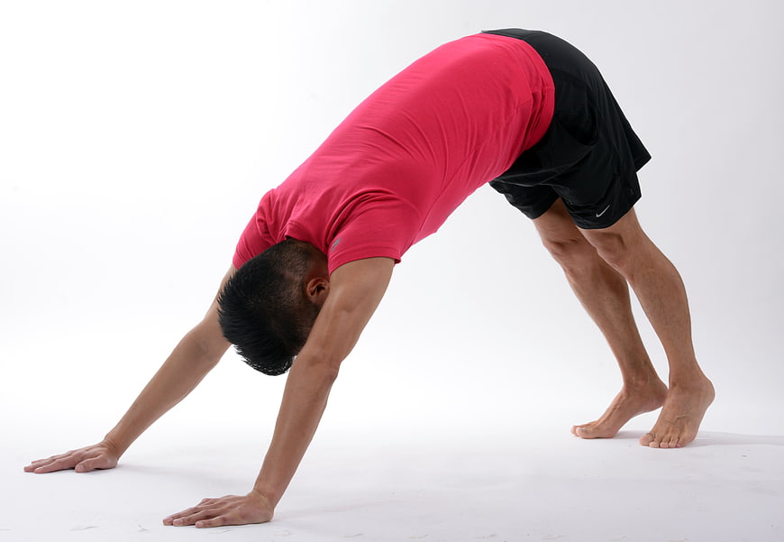 Man in Red Shirt Doing Downward Dog Yoga Stretch on White Studio Background