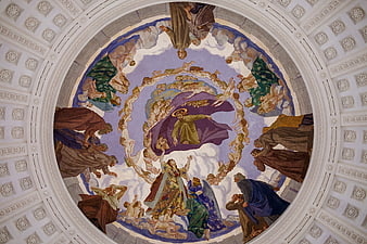 Religious dome ceiling fresco depicting saints and angels