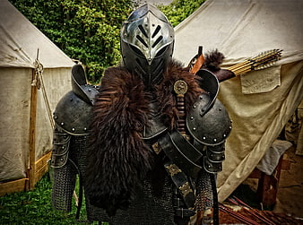 Medieval Knight Armor With Fur Cloak And Helmet