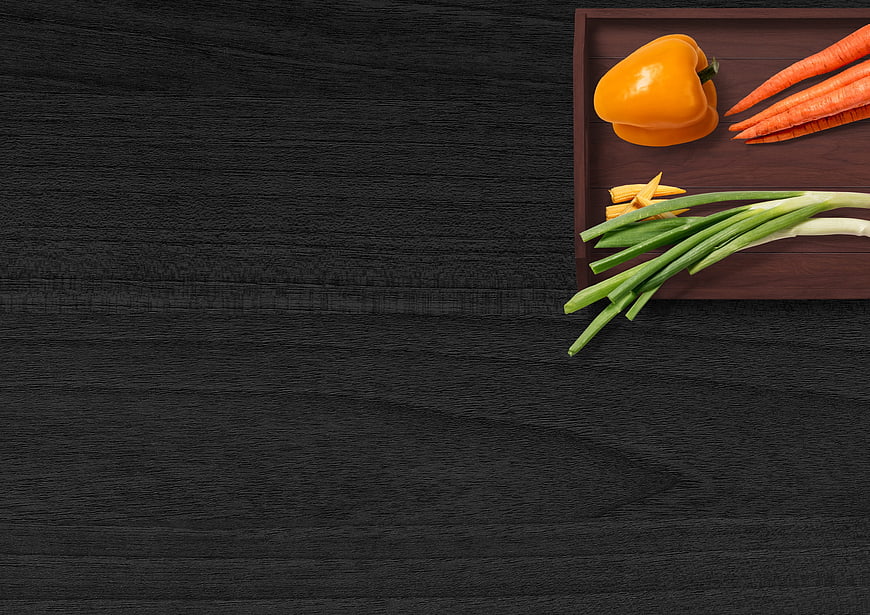 Fresh Vegetables on Wooden Tray with Large Black Copy Space