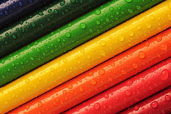 Close-up of colorful pencils with water droplets