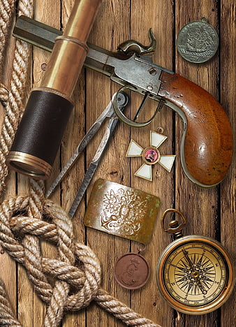 Vintage Nautical Still Life With Flintlock Pistol, Spyglass, Compass, And Medals