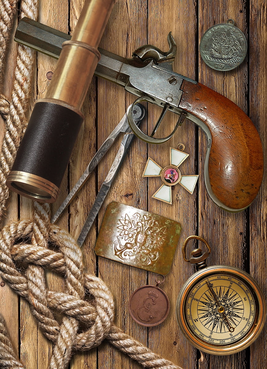 Vintage Nautical Still Life With Flintlock Pistol, Spyglass, Compass, And Medals