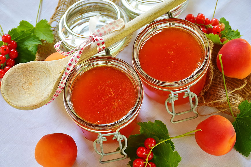 Homemade Apricot and Red Currant Jam in Glass Jars