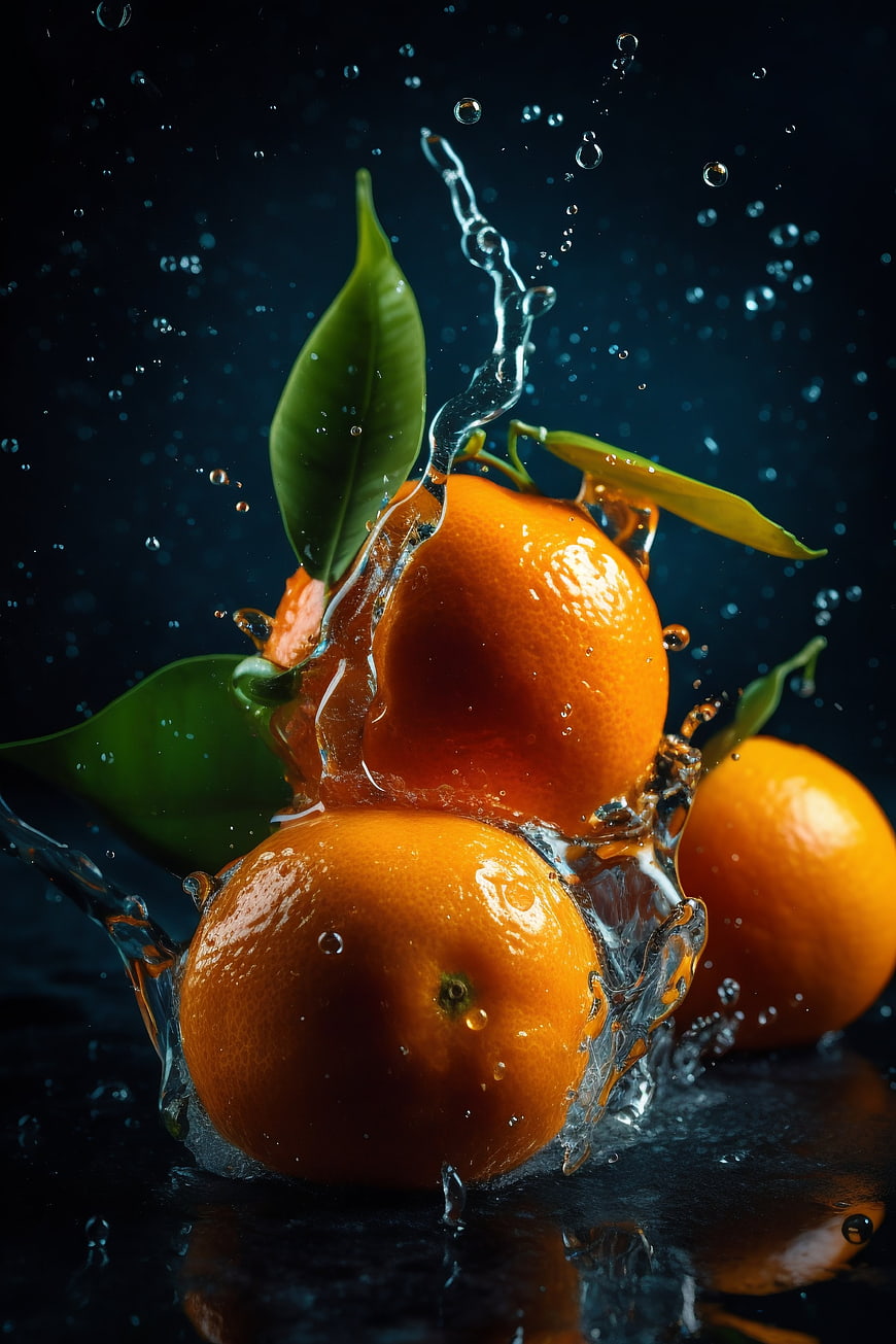 Fresh Tangerines Splashing in Water on Dark Background