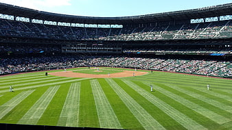 Wide view of Safeco Field baseball stadium with striped grass
