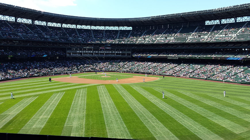 Wide view of Safeco Field baseball stadium with striped grass