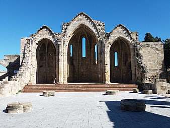 Ancient Gothic Ruins with Arched Windows in Greece