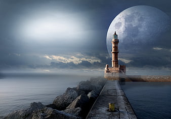 Surreal Lighthouse with Giant Moon Over Misty Ocean