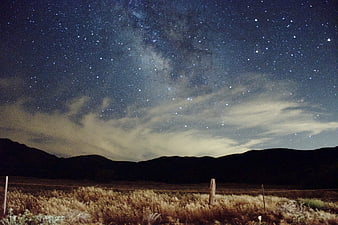 Milky Way Galaxy Over Silhouette Mountains and Grassy Field at Night