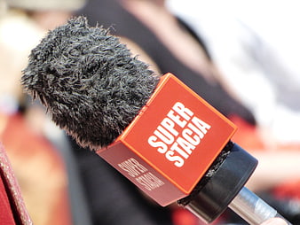 Close-up of a Super Stacja microphone with furry windscreen