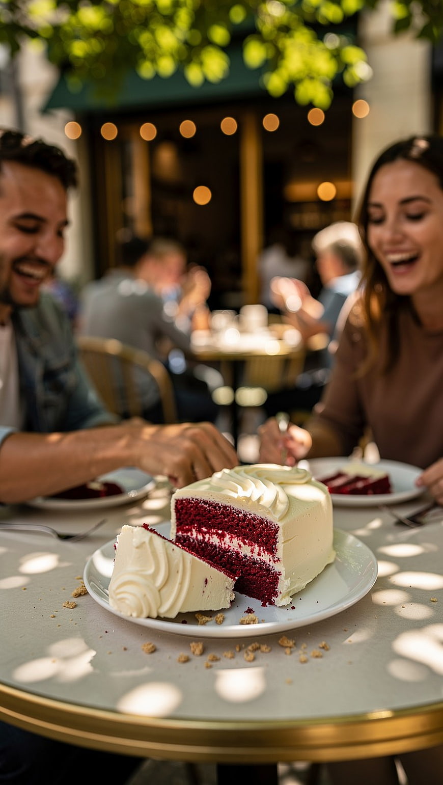 Red Velvet Cake on Outdoor Cafe Table with Friends