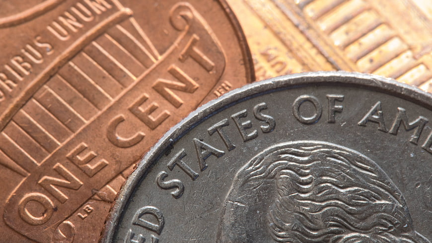 Macro Close-Up of US Penny and Nickel Coins