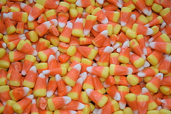 Close-up of colorful candy corn pile for Halloween treats