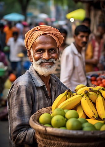 Smiling Indian fruit vendor with bananas and limes