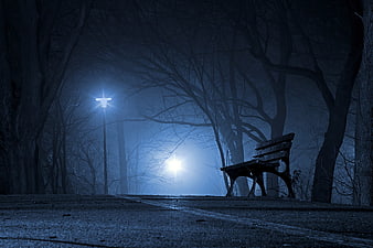 Lonely park bench in foggy night with street lamp