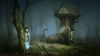 Fantasy Shoe House in Misty Forest with Girls