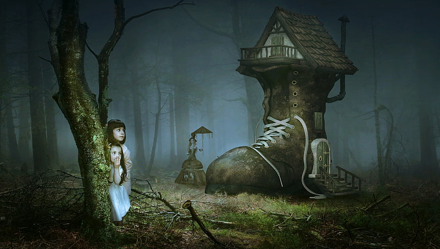 Fantasy Shoe House in Misty Forest with Girls