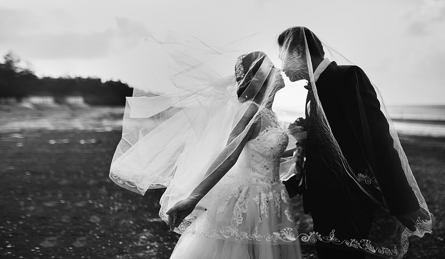 Romantic Black and White Wedding Couple on Beach