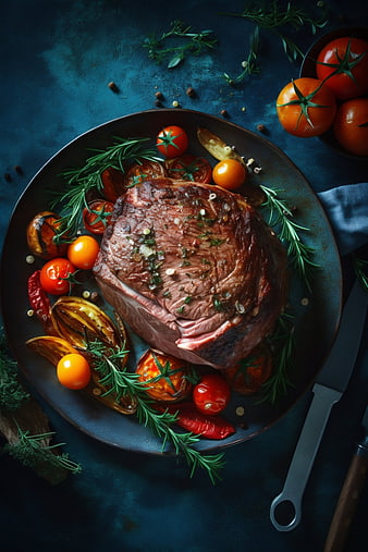 Top view of grilled beef steak with roasted tomatoes and rosemary