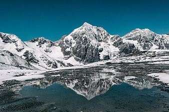 Snowy mountain peak reflected in glacial lake