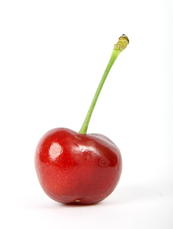 Single Fresh Red Cherry With Green Stem Isolated On White Background