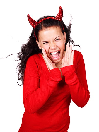 Young Woman Screaming With Red Devil Horns On White Background