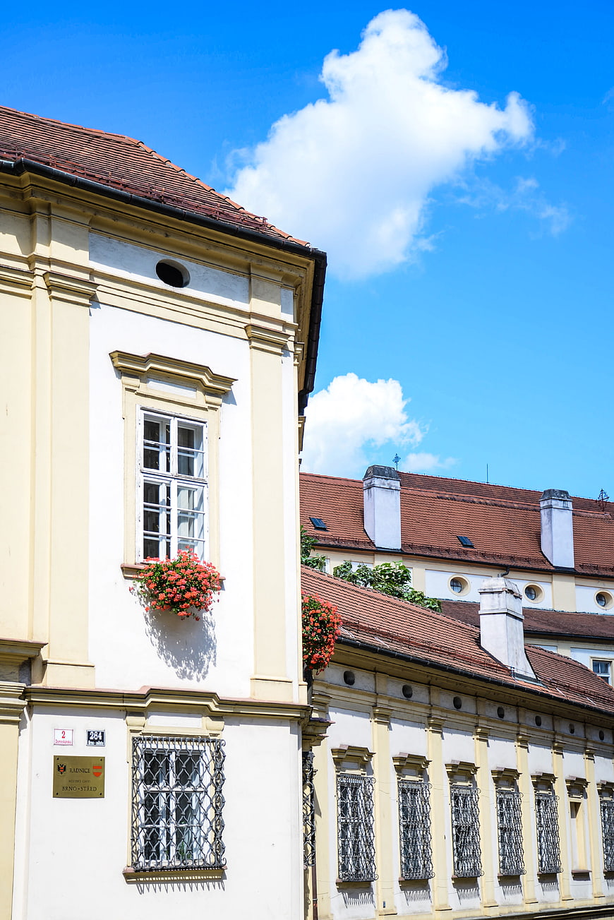 Yellow historic building facade with red flowers and blue sky