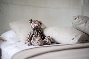 Houndstooth Teddy Bear on Bed with Linen Pillows